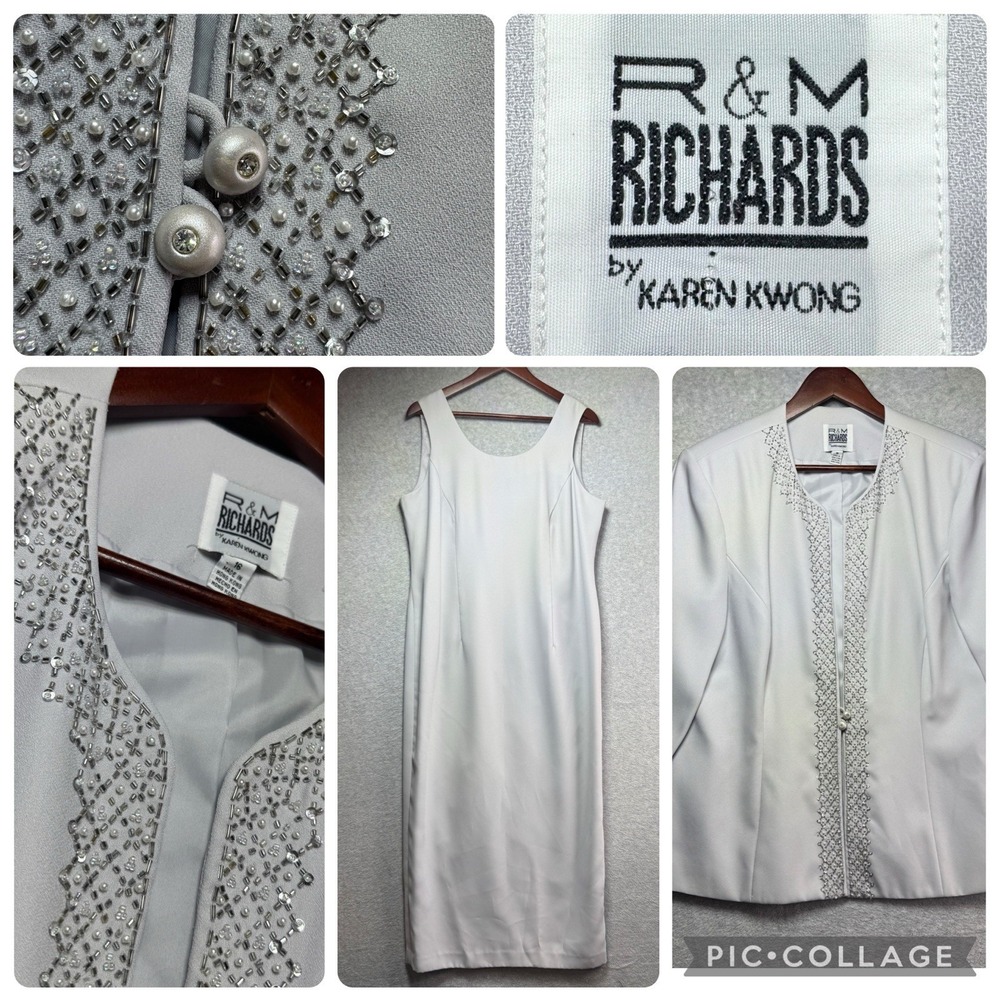 VTG R&M Richards by Karen Kwong Set Size 16 Dress & Jacket Silver Beaded Pearls